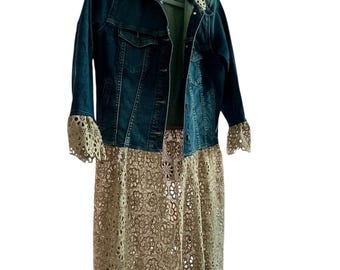 Denim Upcycled Knee Length Coat  -Blue Wash Denim and Beige Lace- Festival - Size S-L One of A Kind- Handmade by PurpleDreamThreads