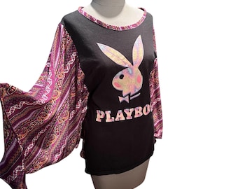 T-shirt Upcycle -Black & Purple Bunny Poncho Wing Sleeve - Festival - One Size Fits Most- One of A Kind- Handmade by PurpleDreamThreads