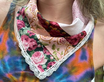 Upcycled Floral Bandana, Mask - Wide Lace Trim-  Cotton Bandana- Handmade by PurpleDreamThreads