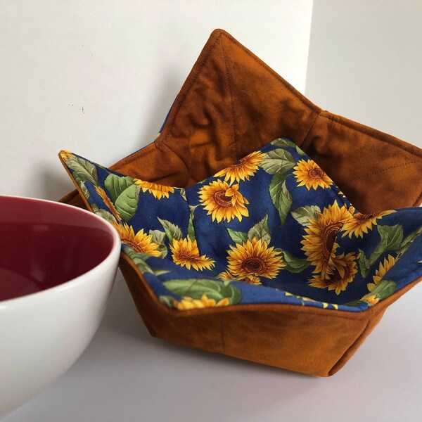 Bowl Cozy, Hot Pad, Placemat Blue with yellow Sunflowers- Handmade by Artistic Fun