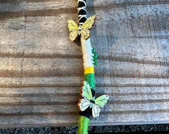 Butterfly Hair Wrap- Green Yellow White with Wooden Beads Metal Charms 12”- Beach Accessory,  Vacation, Festival - Handmade by ArtisticFun
