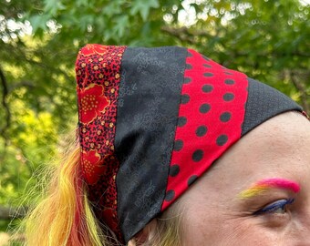 Patchwork Headscarf, Red Black Cotton, Mask, Neck Scarf, Upcycled Fabric