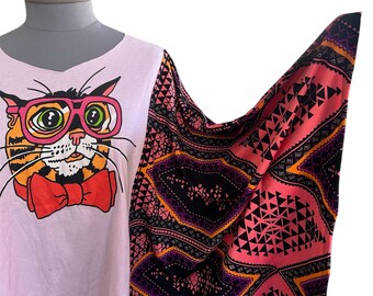 Smart Kitty T-shirt Upcycled Poncho - Light Pink & Black Print Sleeve - Festival - Free Size- One of A Kind- Handmade by PurpleDreamThreads
