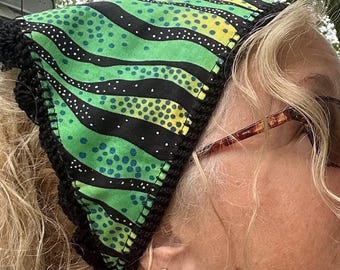 Tiger Stripe Green Bandana Headscarf with Black Cotton  Crocheted Trim– Handmade by PurpleDreamThreads