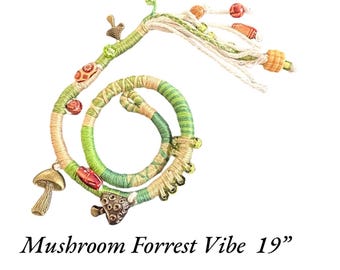 Mushroom Hair Wrap- Green & Beige with Beads and Metal Charms 19”- Beach Accessory, Cruise, Vacation, Festival - Handmade by ArtisticFun