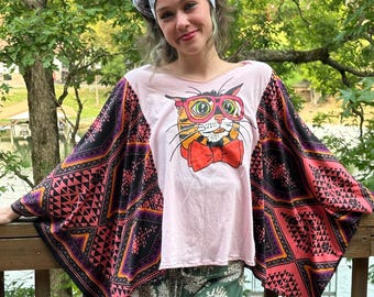 Upcycled Smart Kitty Poncho Top – Pink Cat Graphic, Geometric Sleeves, Free Size