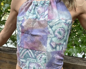 Halter Reversible Top - Purple Galaxy Side & Mint Swirl Side-  Fits Size S to L - Summer  Festival  - Handmade by PurpleDreamThreads