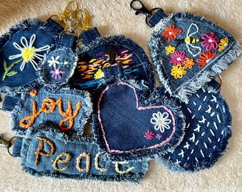 Hand Embroidered Denim Keychain: Upcycled Boho Bag Accessory