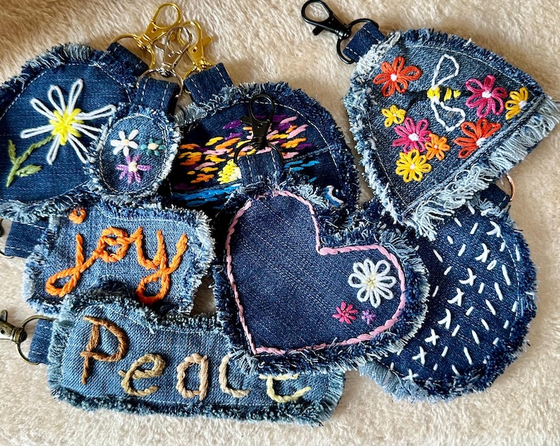 Hand Embroidered Denim Keychain: Upcycled Boho Bag Accessory - Etsy