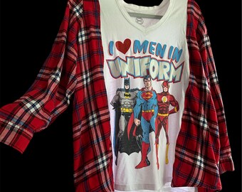 Superhero T-shirt Upcycled Flannel  -White, Red, & Black Long Sleeve - Festival - Size S to L- One of A Kind- Handmade by PurpleDreamThreads