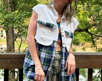 Sleeveless White Denim and Flannel Upcycled Top  - Festival - Size S-M. One of A Kind- Handmade by PurpleDreamThreads