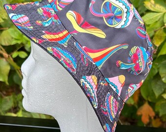 Bucket Hat Black With Rainbow Mushroom Psychedelic - Adults and Teens Unisex -  by PurpleDreamThreads