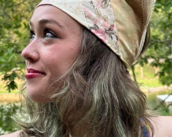 Beige Floral Patchwork Rose Headscarf, Mask - repurposed Lace Trim-  Up-cycled Cotton Bandana- Handmade by PurpleDreamThreads