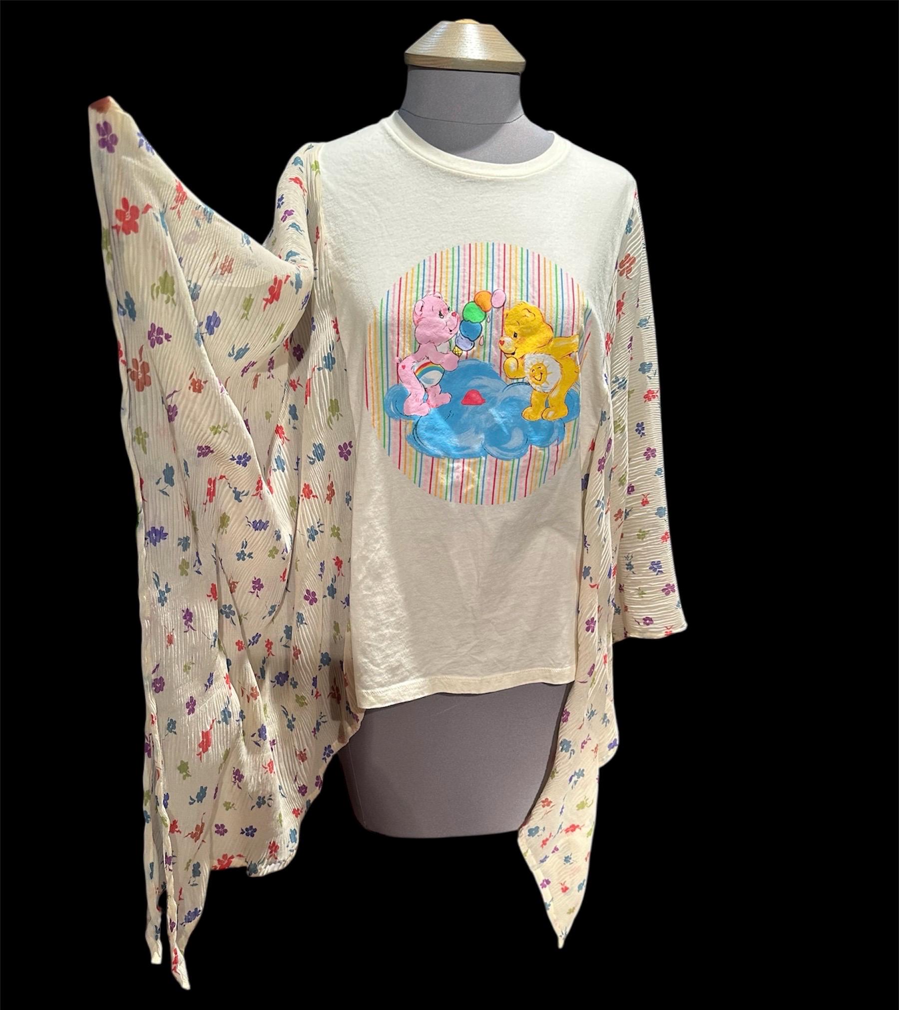 T-shirt Upcycle -Care Bears Cream Poncho Flower Sleeve - Festival - Free Size- One of A Kind- Handmade by PurpleDreamThreads