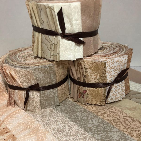 Jelly Roll Natural Beige Tan Off White Quilt Strips, Solids and Prints - 2.5 inch wide, 20 strips each roll - Supplied by ArtisticFun