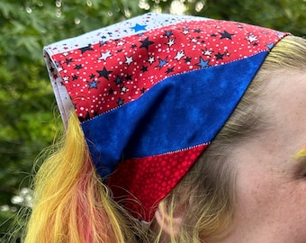 Red White Blue Stars Stripes Bandana, Patchwork Cotton Headband, Patriotic Festival Accessory