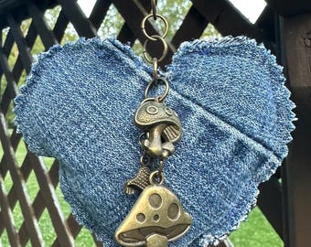 Denim Heart Clip Key Chain Accessory - Bronze Mushroom Charms Up-Cycled Denim - Handmade by PurpleDreamThreads