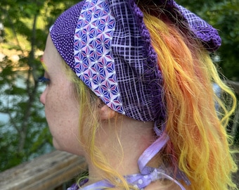 Upcycled Purple Headscarf, Bandana, Mask - Crochet Trim-  Cotton Geometric Design Bandana- Handmade by PurpleDreamThreads