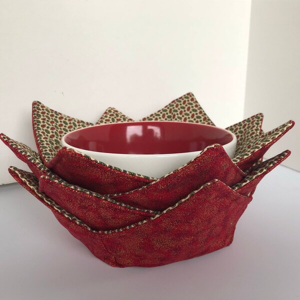 Bowl Cozy - Set of 4 -  Hot Pad, Placemat Red & Gold- Handmade by Artistic Fun