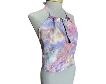 Halter Reversible Top - Slit Front- Purple Patchwork Side & Lavender Galaxy Side- Fits Size S - L   Festival - by PurpleDreamThreads
