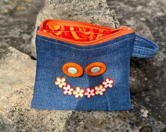 Denim Orange Smile Coinpurse Key Chain Accessory -5” Zipper Bag with Pocket - Up-Cycled Denim - Handmade by PurpleDreamThreads