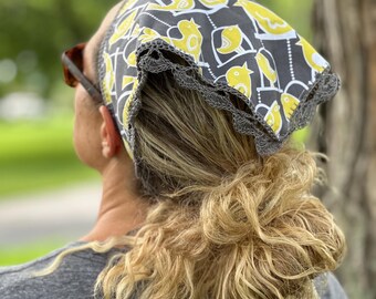 Gray with Yellow Love Birds Headscarf Crochet Trim Bandana with ties - Festival / Rave -  Hair wrap- Handmade by PurpleDreamThreads