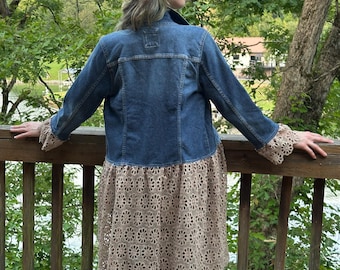 Upcycled Denim Jacket with Beige Lace Skirt – Blue Wash Festival Overcoat