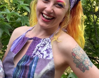 Halter Reversible Top - Slit Front- Purple Patchwork Side & Mint Green Side-  Fits Size S to L - Summer  Festival  - by PurpleDreamThreads