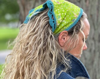 Upcycled Floral Lime Green Headscarf: Crochet Trim Cotton Bandana- Handmade by PurpleDreamThreads