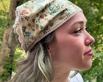 Yellow Floral Cotton Bandana, Beige Crochet Trim, Up-cycled Neck Scarf Mask