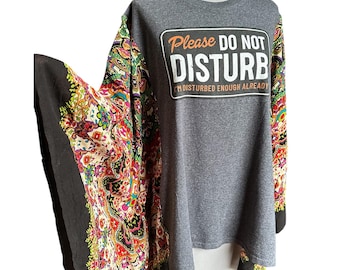Upcycled T-Shirt Poncho – Gray, Colorful Open Sleeve, Festival Top - Handmade by PurpleDreamThreads
