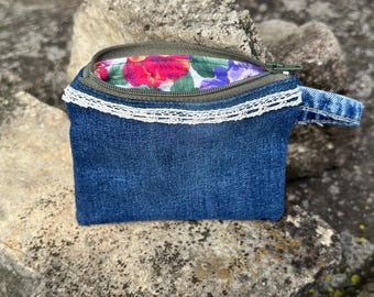 Denim Coin Purse Keychain: Upcycled Lace Flower Zipper Bag