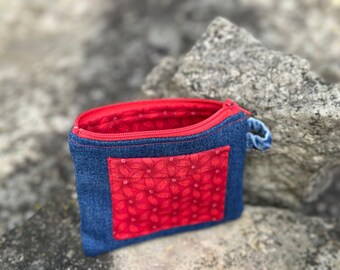 Denim Coinpurse Key Chain Accessory -5” Zipper Bag with Pocket - Up-Cycled Denim - Handmade by PurpleDreamThreads