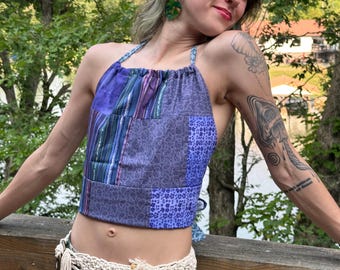 Halter Reversible Top - Purple side & Blue side - Cotton Patchwork - Fits Size S to L - Summer  Festival  - Handmade by PurpleDreamThreads