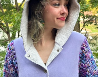 Upcycled Lavender Sherpa Hoodie Jacket – Crochet Sleeves, Festival Wear (S/M)