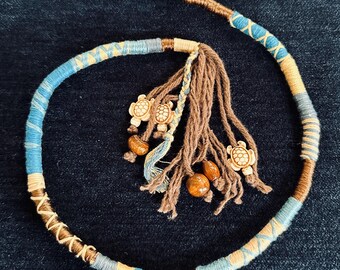 Turtle Hair Wrap- Blue & Brown with wooden Beads and Charms 22” - Beach Accessory, Cruise, Vacation, Festival - Handmade by ArtisticFun