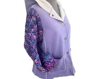 Hoodie Sweater Jacket Upcycle - Crochet Long Sleeve - Festival - Fits S to M -  One of A Kind- Handmade by PurpleDreamThreads