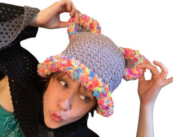 Gray Bucket Hat -Rainbow Confetti Ears & Trim - Festival- Rave Accessory -  Crochet  Bucket Hat -Teens and Adults - Handmade by PurpleDreamT