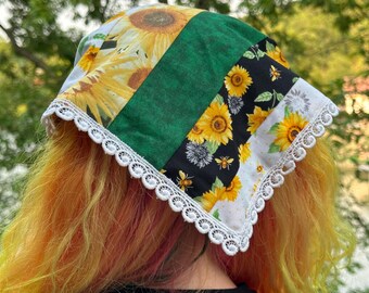 Yellow Sunflower Headscarf, Mask - repurposed White Lace Trim-  Up-cycled Cotton Bandana- Handmade by PurpleDreamThreads
