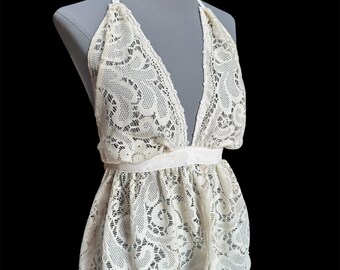 Lace Halter Top - Up-cycled Off White– Repurposed Statement Piece, Festival Wear