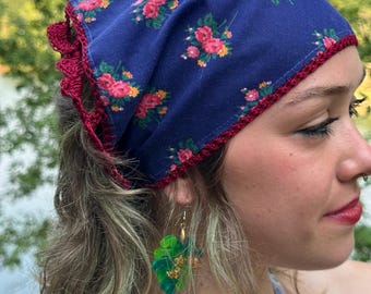 Blue Floral Cotton Bandana Scarf, Burgundy Crochet Trim, Repurposed Fabric, Handmade Neck Accessory