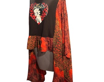 T-shirt Upcycle Poncho -Black & Red Betty Boop Kimono Sleeve - Festival - Free Size- One of A Kind- Handmade by PurpleDreamThreads