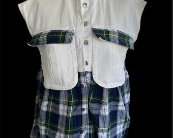 Sleeveless White Denim and Flannel Upcycled Top  - Festival - Size S-M. One of A Kind- Handmade by PurpleDreamThreads