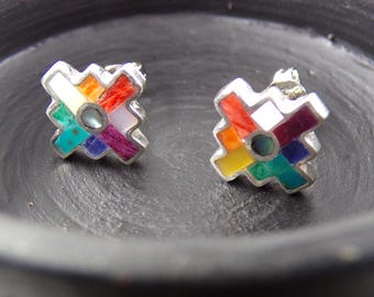 Boucles d'oreilles en argent 950 Chakana : spondylus, nacre, chrysocolle