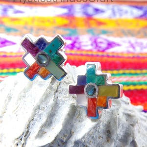 Chakana design in 950 silver with spondylus, precious stones, mother-of-pearl, chrysocolla, and an Andean symbol. Andean cross earrings.