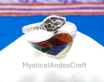 Bague ajustable feuille d'inca et serpent en argent sterling 950 - Bijoux andins