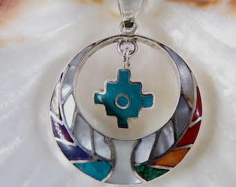 Pendentif lune inca en argent 950, croix chakana, amulette péruvienne en pierres précieuses