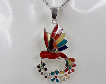 Collier colibri en argent 950, pendentif oiseau en pierres précieuses
