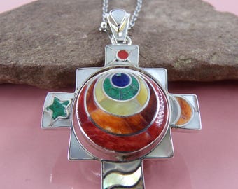 Collier Chakana réversible et rotatif en argent 950 - Pendentif arbre de vie inca Pachamama