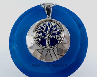 Pendentif lune inca en argent 950 - Arbre de vie et nacre